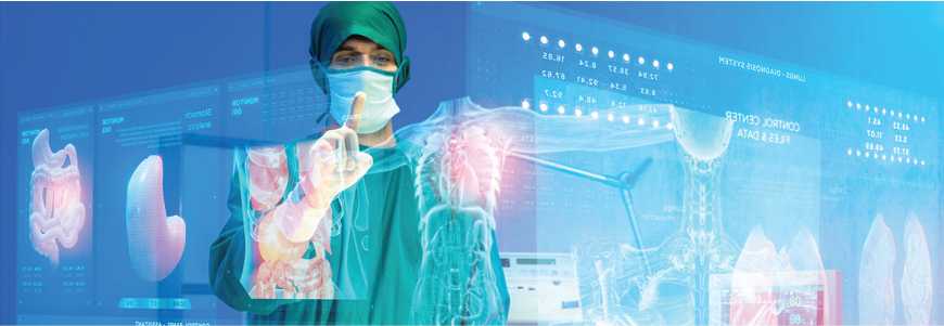 Physician standing in front of transparent screen
