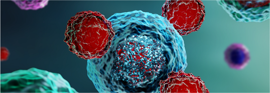 3d render of T cells attacking cancer cells