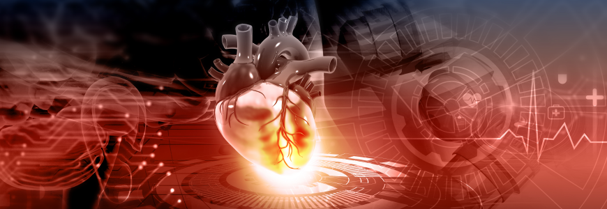 Human heart on modern technology background.