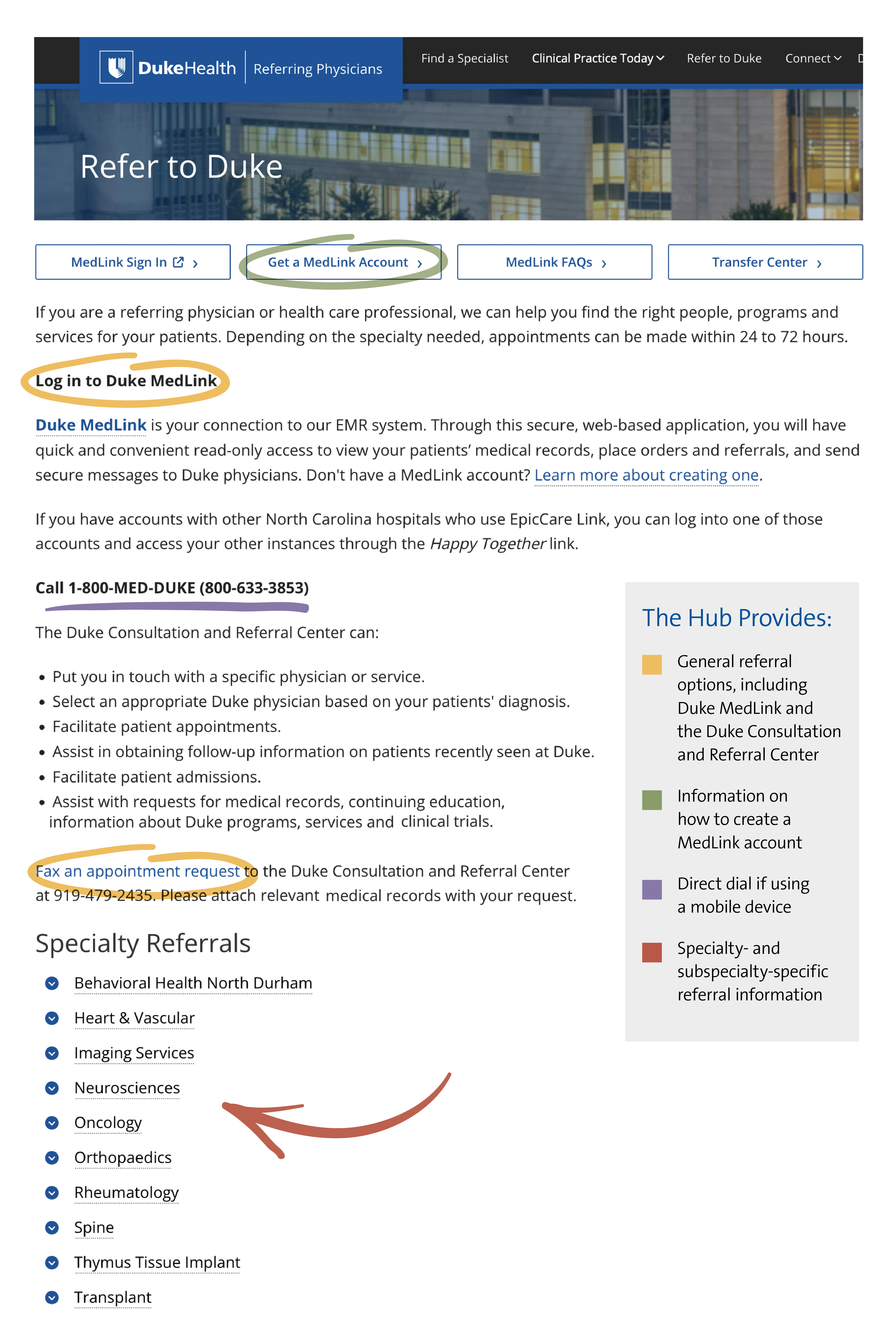 The Hub Provides: General referral options, including Duke MedLink and the Duke Consultation and Referral Center; Information on how to create a MedLink account; Direct dial if using a mobile device; Specialty- and subspecialty-specific referral information