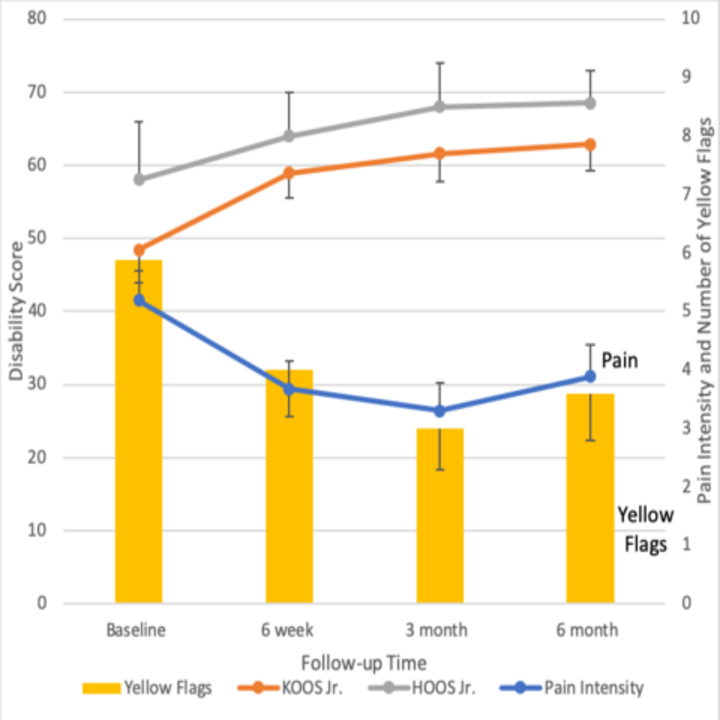 Disability, Pain Intensity, and Yellow Flag values over time for patients completing all follow-up in the Duke JHP (n=86)