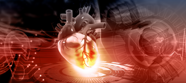 Human heart on modern technology background.