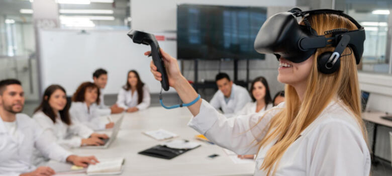 Virtual reality demonstration in front of group of doctors